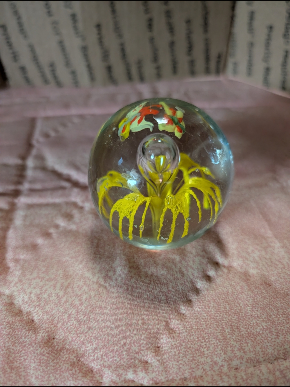 Handmade Glass Art Paperweight with Yellow and Red Floral Core